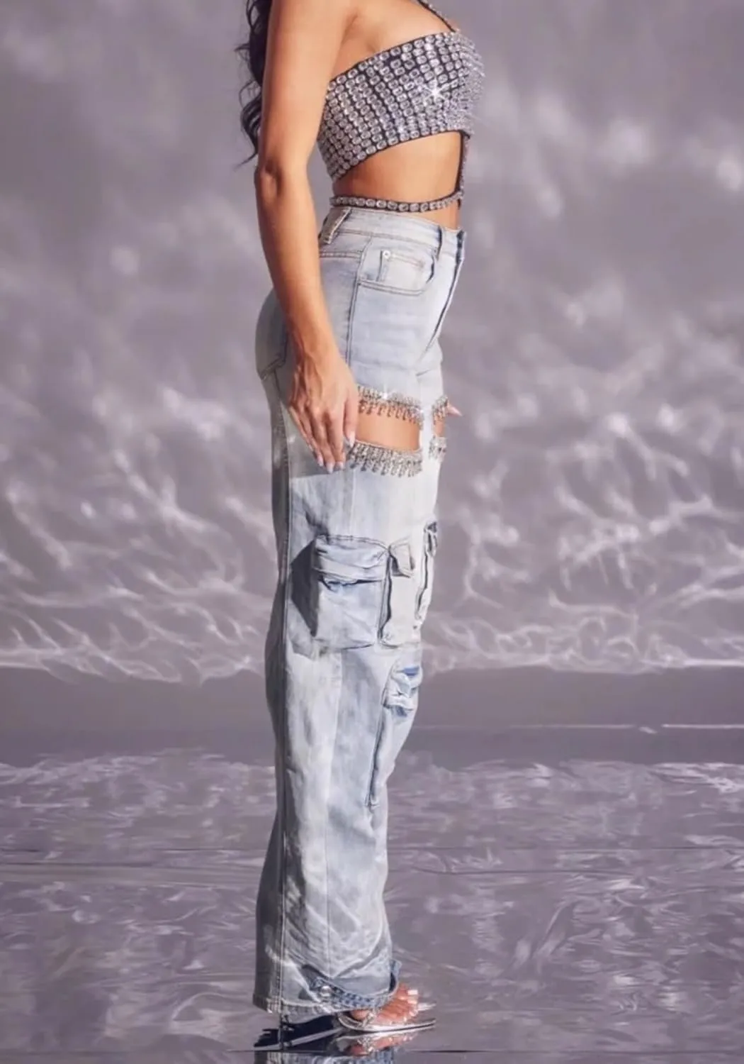 Women Rhinestone Jeans Sexy Sparkly High Waisted Baggy Cut Out Ripped Distressed Stretchy Denim Pants Trend Cargo Jean