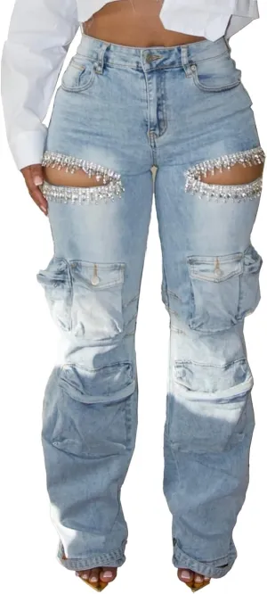 Women Rhinestone Jeans Sexy Sparkly High Waisted Baggy Cut Out Ripped Distressed Stretchy Denim Pants Trend Cargo Jean