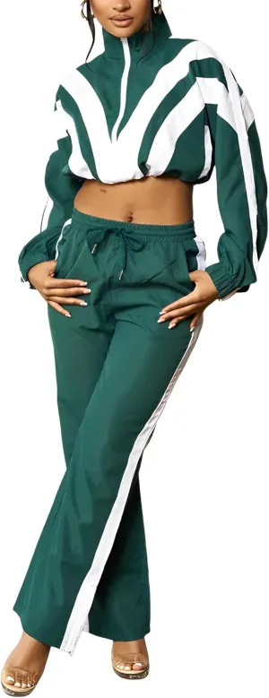 Women's 2 Piece 80s Outfit Color Block Crop Top Sweatshirt Pants Set Long Sleeve Windbreaker Jacket Tracksuit Set