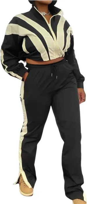 Women's 2 Piece 80s Outfit Color Block Crop Top Sweatshirt Pants Set Long Sleeve Windbreaker Jacket Tracksuit Set