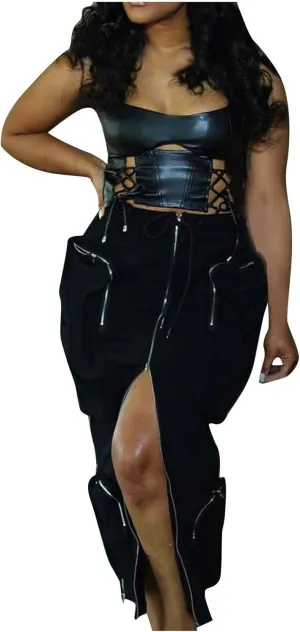 Women's Cargo Denim Long Skirt High Waisted Stretchy Jean Maxi Skirts Casual Y2K Cargo Skirt Jean with Front Slit