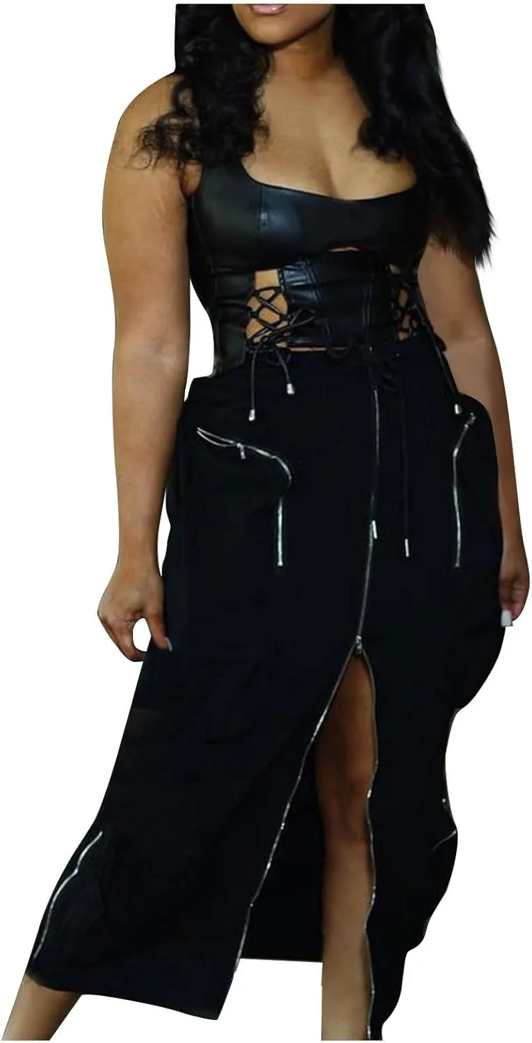 Women's Cargo Denim Long Skirt High Waisted Stretchy Jean Maxi Skirts Casual Y2K Cargo Skirt Jean with Front Slit