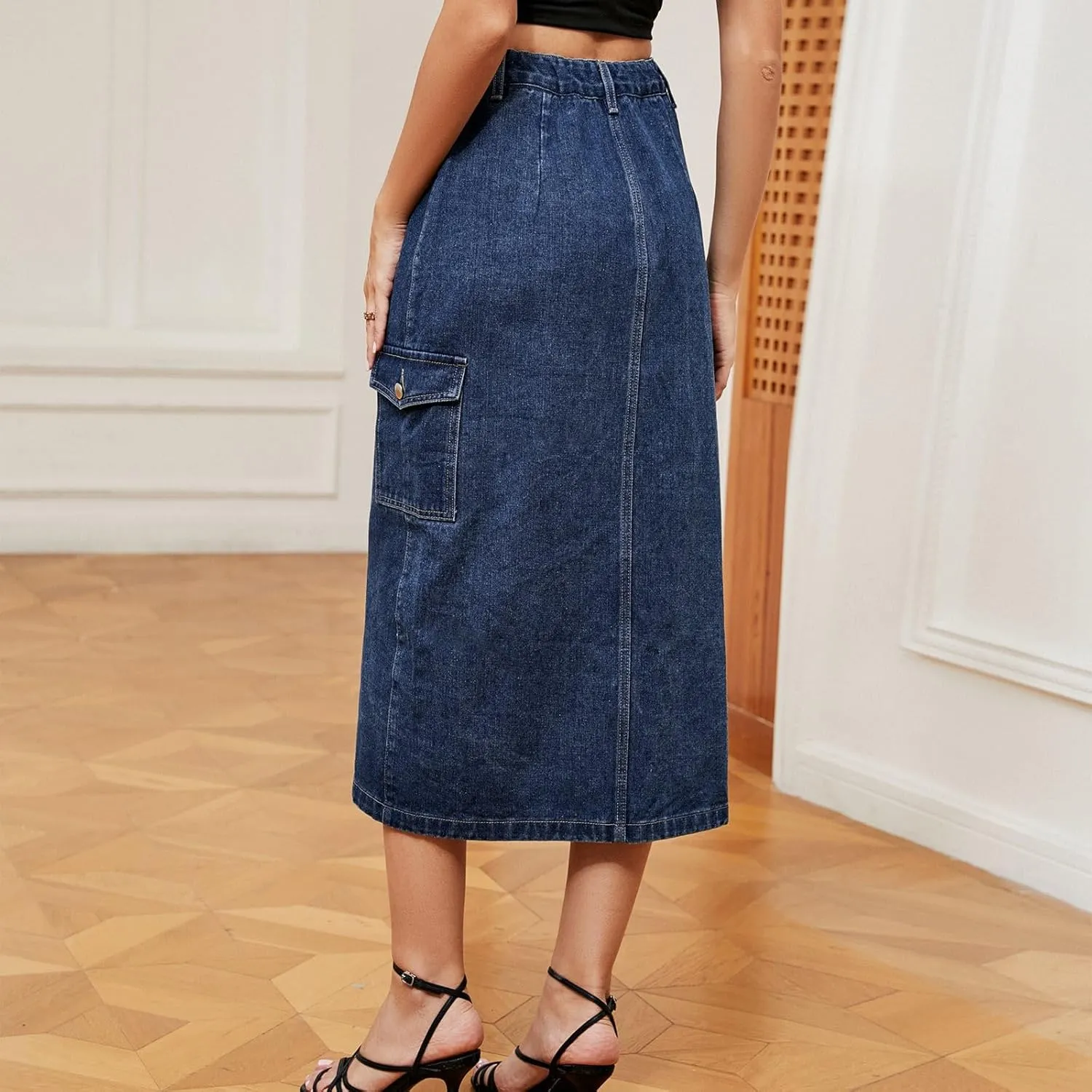 Women's Casual Denim Skirts Summer Midi Jean Skirts Stretch High Waisted Vintage Denim Dress 2025 Trendy with Pockets