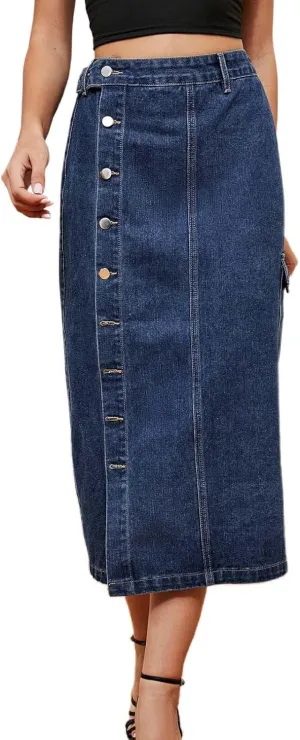 Women's Casual Denim Skirts Summer Midi Jean Skirts Stretch High Waisted Vintage Denim Dress 2025 Trendy with Pockets