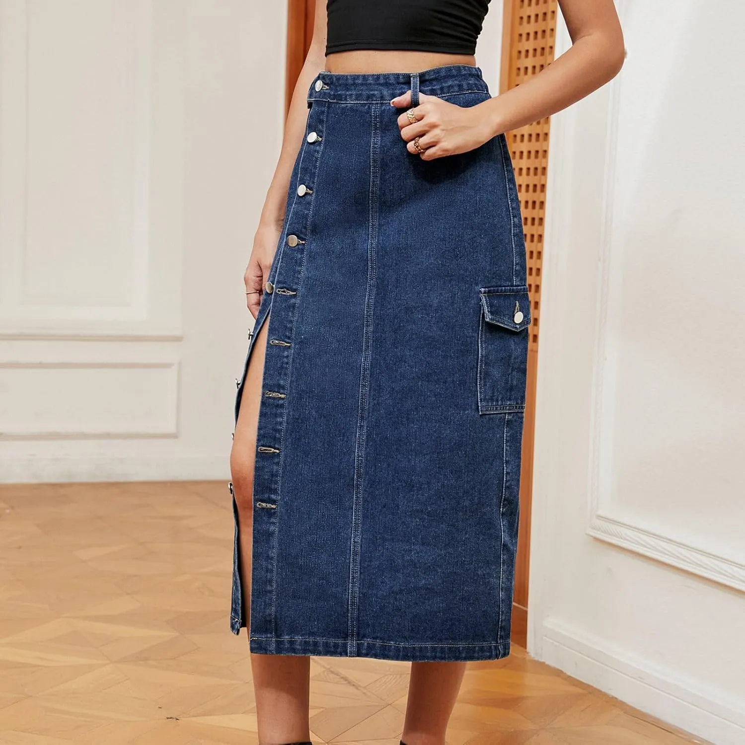 Women's Casual Denim Skirts Summer Midi Jean Skirts Stretch High Waisted Vintage Denim Dress 2025 Trendy with Pockets