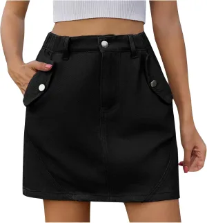 Women's High Waisted Jean Skirt Slim Fit Cargo Denim Mini Skirt Retro Comfy Stretch A-Line Denim Skirt with Pocket