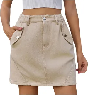 Women's High Waisted Jean Skirt Slim Fit Cargo Denim Mini Skirt Retro Comfy Stretch A-Line Denim Skirt with Pocket