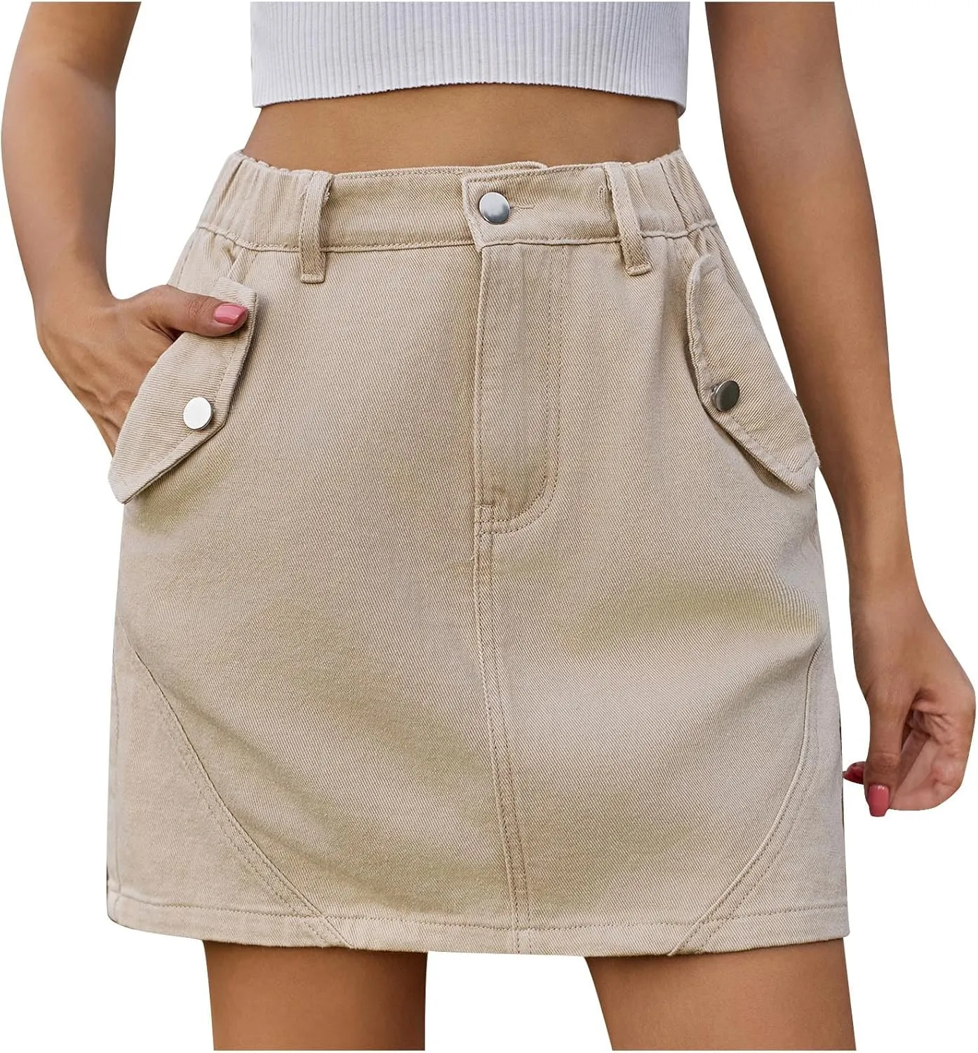 Women's High Waisted Jean Skirt Slim Fit Cargo Denim Mini Skirt Retro Comfy Stretch A-Line Denim Skirt with Pocket