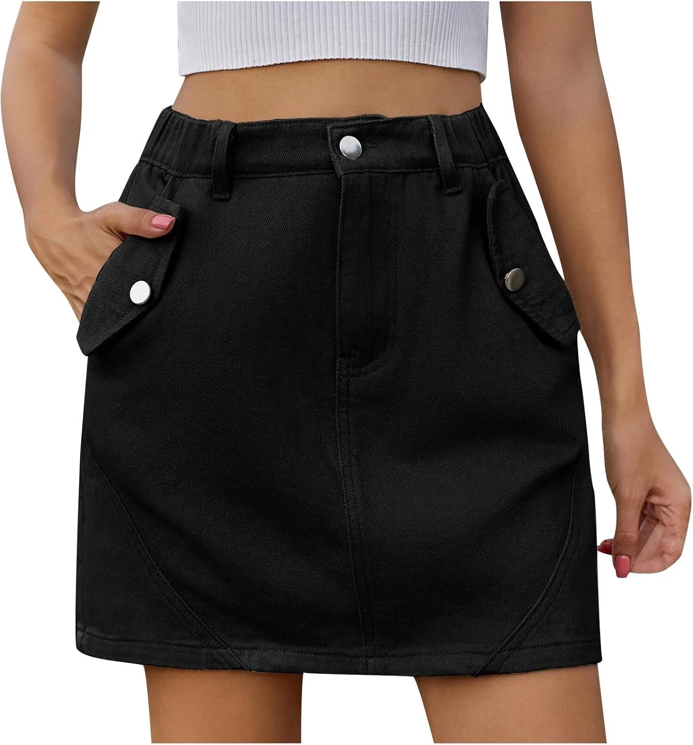 Women's High Waisted Jean Skirt Slim Fit Cargo Denim Mini Skirt Retro Comfy Stretch A-Line Denim Skirt with Pocket