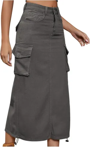 Women's Maxi Pencil Jean Skirt- High Waisted A-Line Long Denim Skirts for Ladies- Y2K Cargo Jean Skirt with Pocket