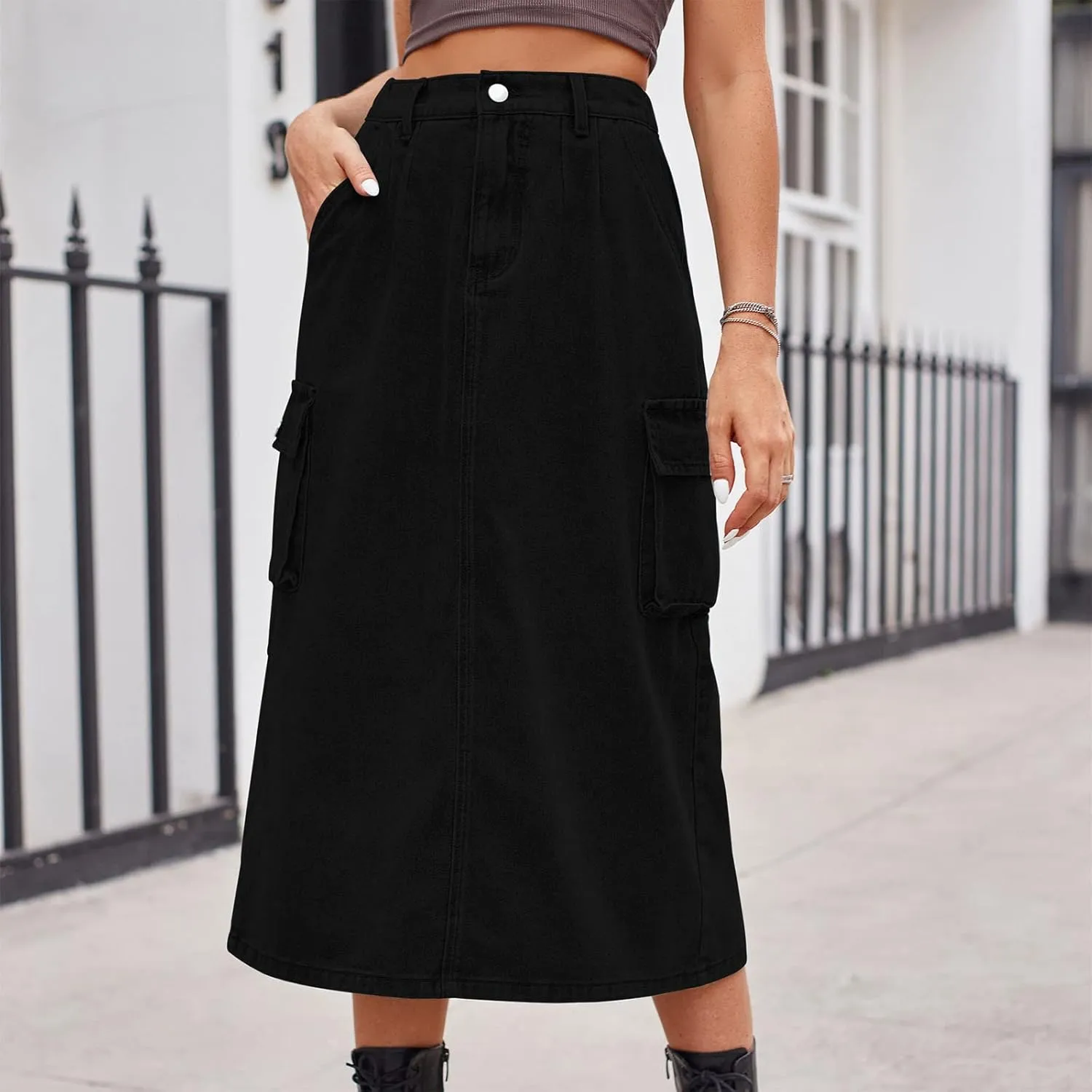 Women's Maxi Pencil Jean Skirt- High Waisted A-Line Long Denim Skirts for Ladies- Y2K Jean Skirt with Flap Pocket