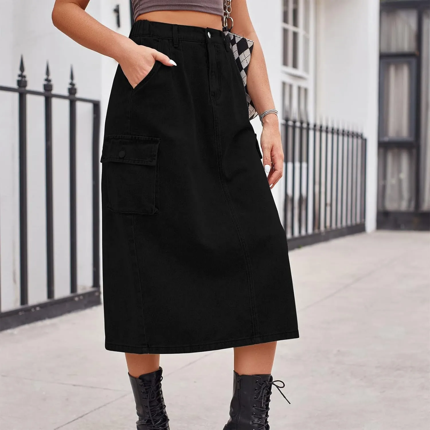 Women's Maxi Pencil Jean Skirt- High Waisted A-Line Long Denim Skirts for Ladies- Y2K Jean Skirt with Flap Pocket