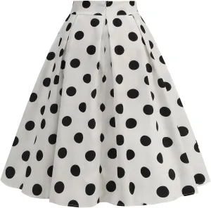 Women's Pleated Vintage Skirt Polka Dots A-line Midi Skirts Summer Cute High Waist Ruffle Skirt Swing Beach Skirt