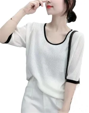 Women's Solid Color T-Shirt Top Thin Ice Silk Knitted Short-Sleeved Clothing Camisole