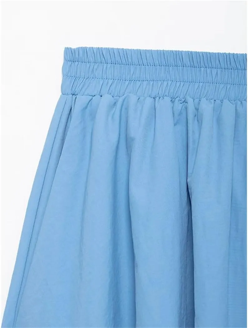 Women's Summer Pleated Skirt Vintage Elastic Waist A-Line Long Straight Skirts