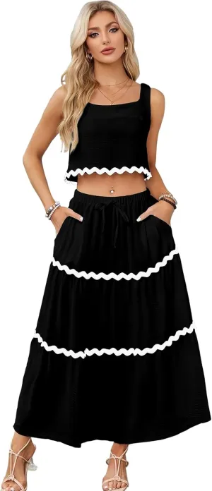 Womens Two Piece Outfits Summer- 2 Piece Maxi Skirt Sets Tank Top and High Waisted Long Skirts for Party Dresses