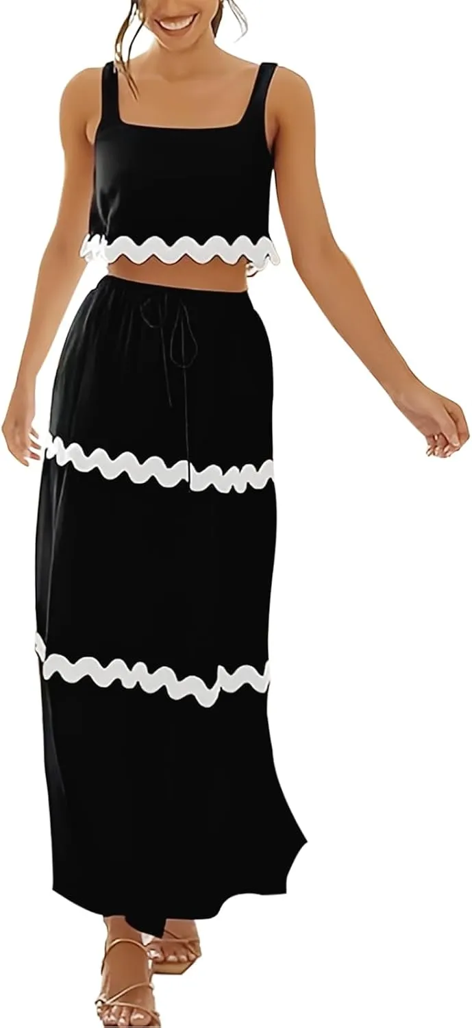 Womens Two Piece Outfits Summer- 2 Piece Maxi Skirt Sets Tank Top and High Waisted Long Skirts for Party Dresses