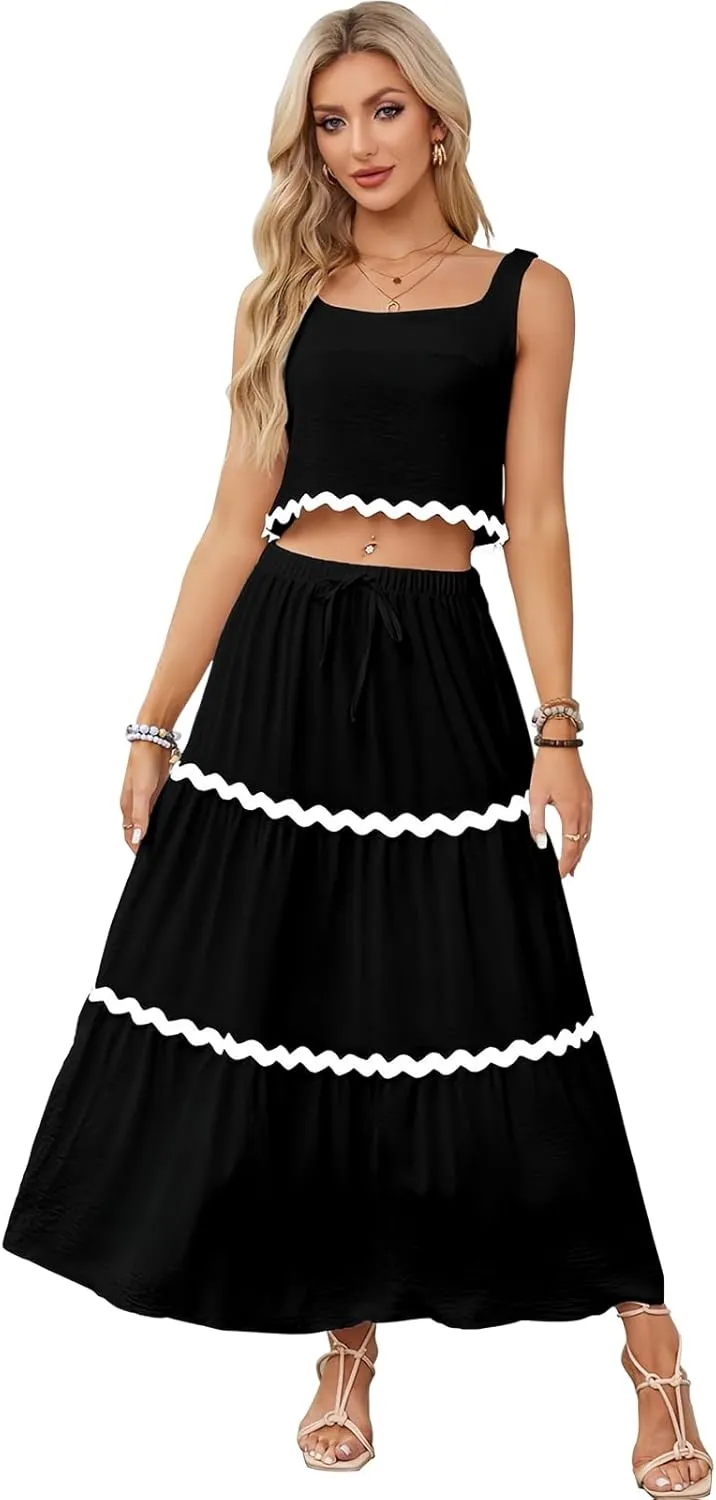 Womens Two Piece Outfits Summer- 2 Piece Maxi Skirt Sets Tank Top and High Waisted Long Skirts for Party Dresses