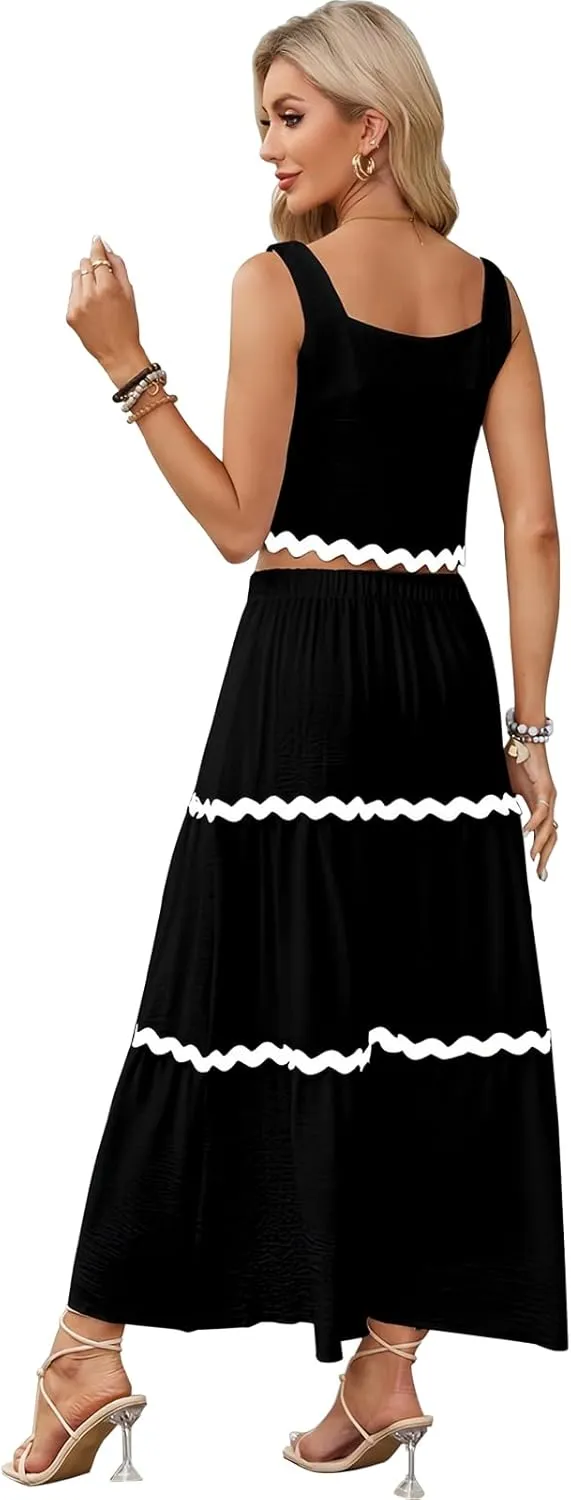 Womens Two Piece Outfits Summer- 2 Piece Maxi Skirt Sets Tank Top and High Waisted Long Skirts for Party Dresses